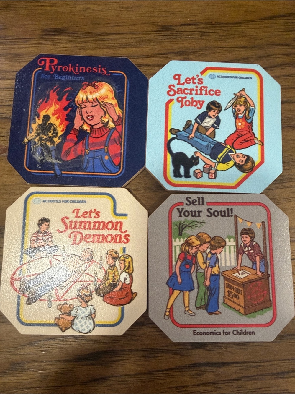 Society6 Retro Kids Trading Card Coaster Set - Red, Blue, Yellow, Cream, Black